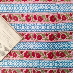 印度进口手工拓印植物染色条纹印花长绒棉薄棉布料夏季服装面料