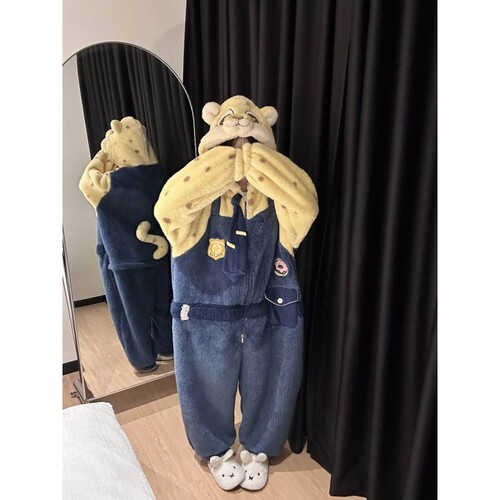 沐染家 萌系小虎耳朵连帽珊瑚绒连体睡衣女冬季加厚家居服一体式
