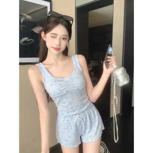 沐染家纯欲baba蓝带胸垫睡衣女