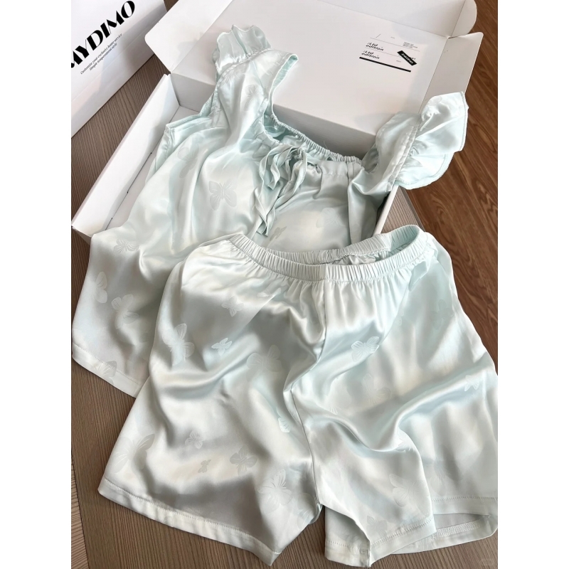 夏日小清新蝴蝶提花飞飞袖睡衣女夏款凉感冰丝宽松短裤家居服套装