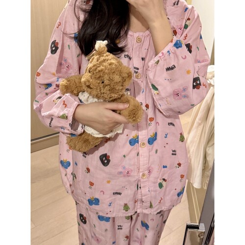 沐染家可爱小猫印花长袖睡衣女