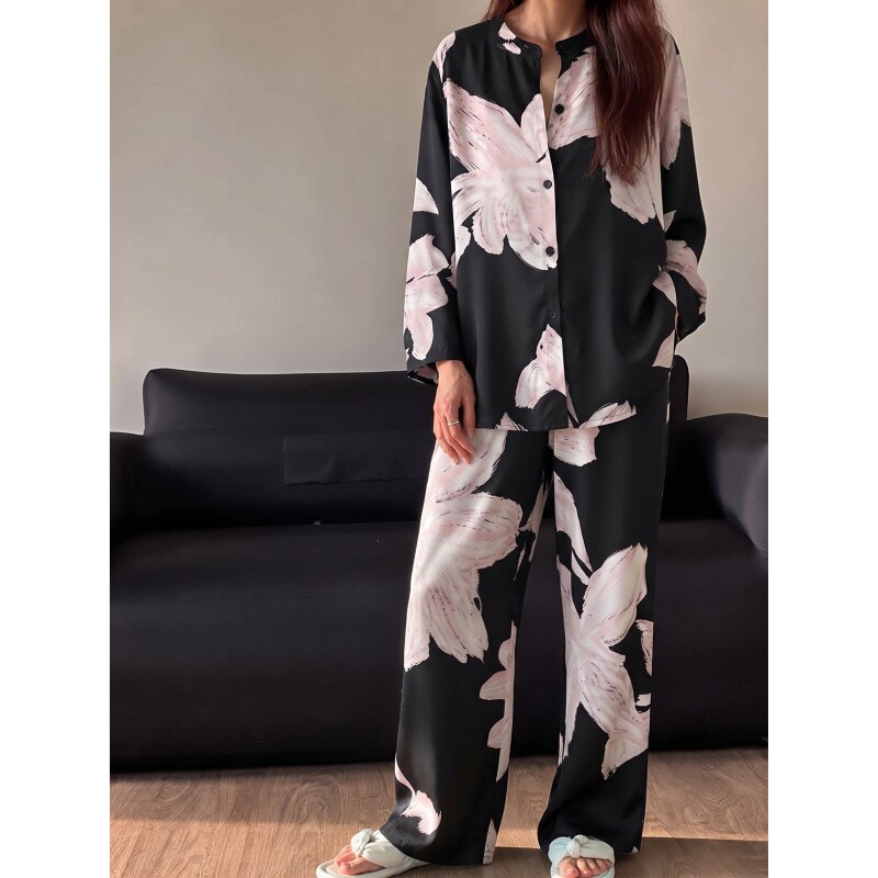 沐染家 黑色大花棉绸睡衣女秋季2026年新款宽松松弛感家居服套装