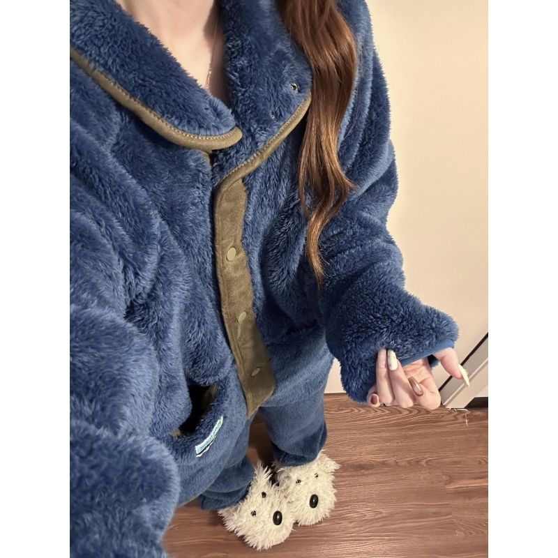 日系简约撞色毛绒加厚珊瑚绒睡衣