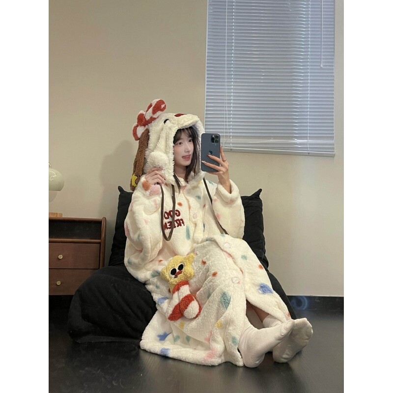 沐染家 毛绒可爱小狗连帽珊瑚绒睡袍女冬季加厚中长款家居服睡衣