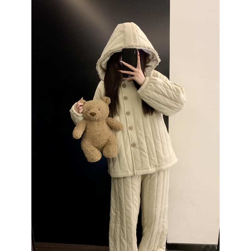 大码简约连帽夹棉睡衣冬季女款新