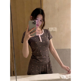 新款 睡衣女夏款 简约休闲家居服两件套 ins可爱小熊印花短袖 沐染家