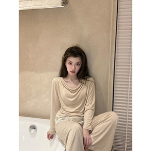 沐染家 莫尔代亲肤舒适蕾丝花边睡衣女春秋季新款大码可外穿套装