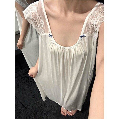 沐染家 慵懒风白色飞飞袖睡裙女夏季设计感蕾丝边大码家居连衣裙