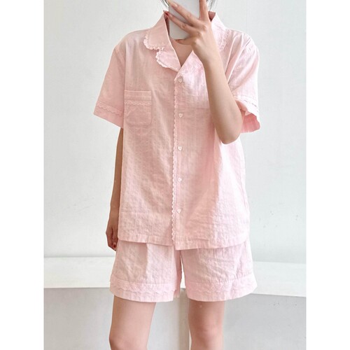 沐染家 温柔系甜美花边短袖睡衣女夏款新款小翻领短裤家居服套装