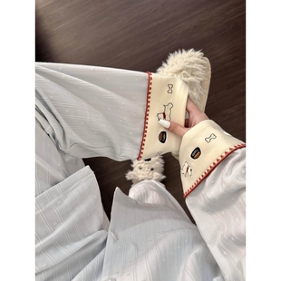 ins简约慵懒撞色条纹睡衣女春秋季 家居服套装 新款 长裤 开衫 沐染家