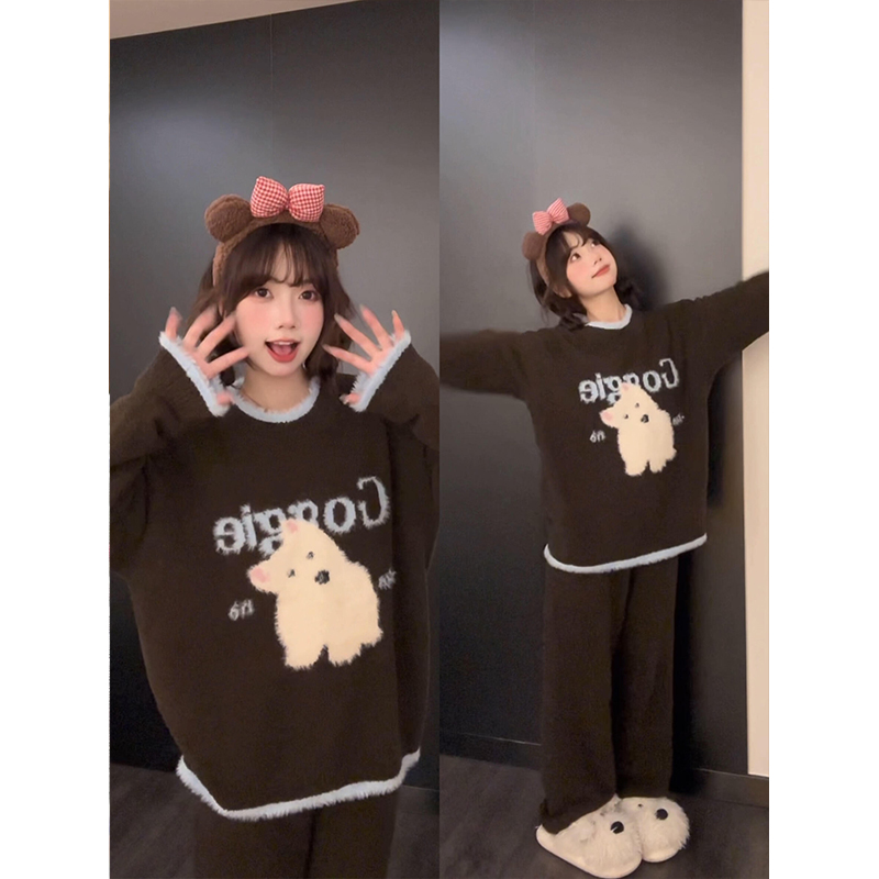 韩系甜美可爱斜头小狗半边绒睡衣