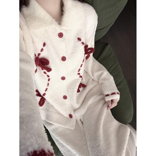 女士甜美蝴蝶结毛绒针织睡衣女冬