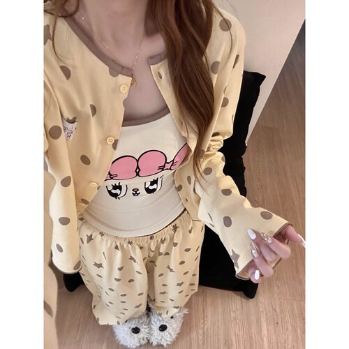 韩系可爱波点卡通印花睡衣女春季