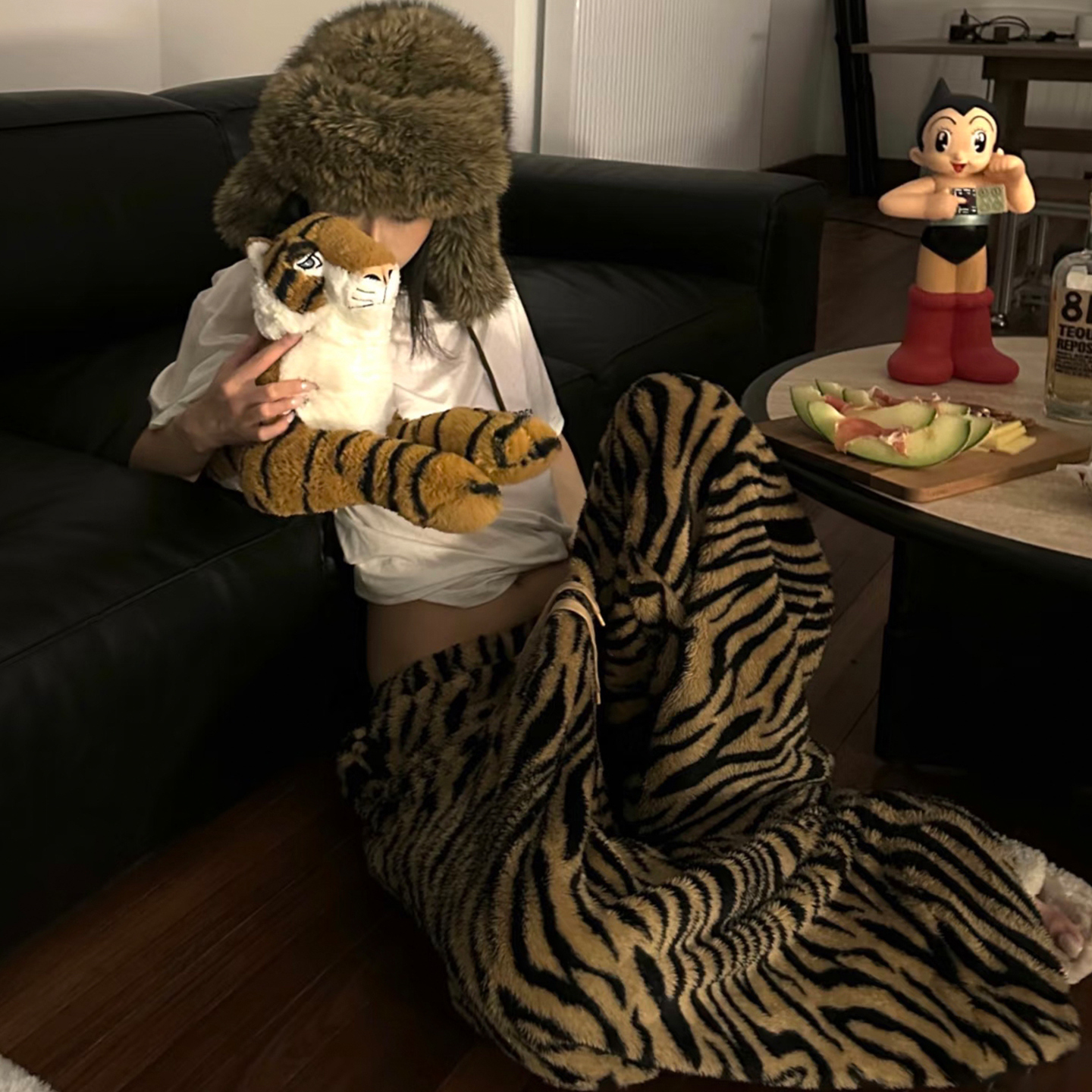 韩系高街豹纹珊瑚绒睡裤女冬季款