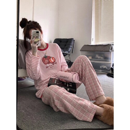 沐染家 简约休闲西红柿条纹印花睡衣女夏季宽松松弛感可外穿套装