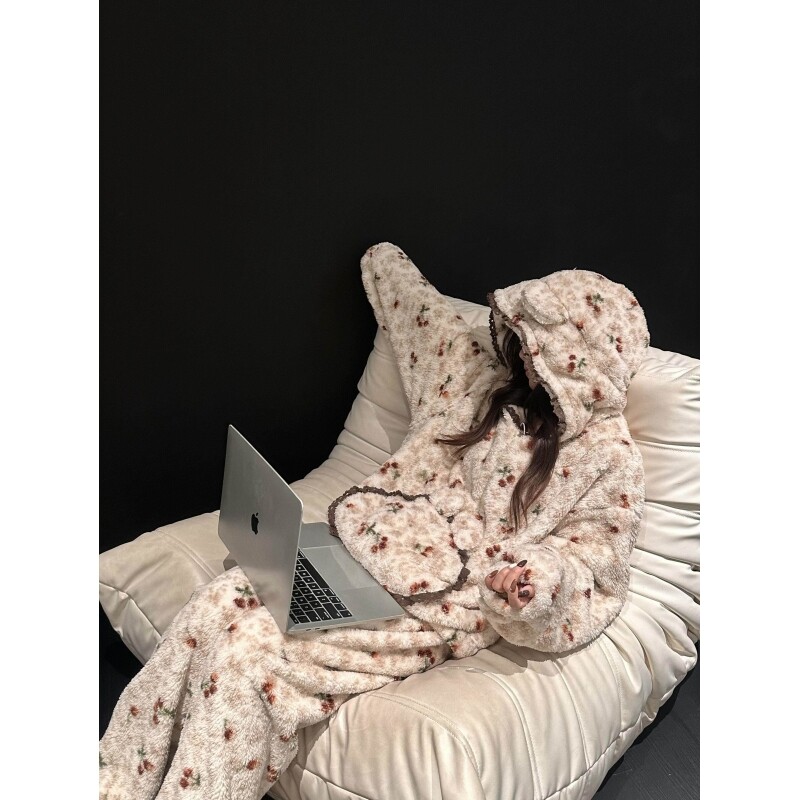 沐染家 软糯毛绒花卉加厚珊瑚绒睡衣女冬季加厚可外穿家居服套装