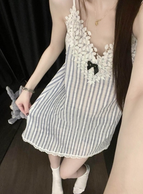 沐染家 法式甜美花边吊带睡衣女夏款宽松大码可外穿家居服连衣裙