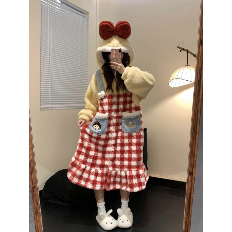 沐染家 甜美蝴蝶结公主风珊瑚绒睡袍女冬季加厚中长款家居服浴袍