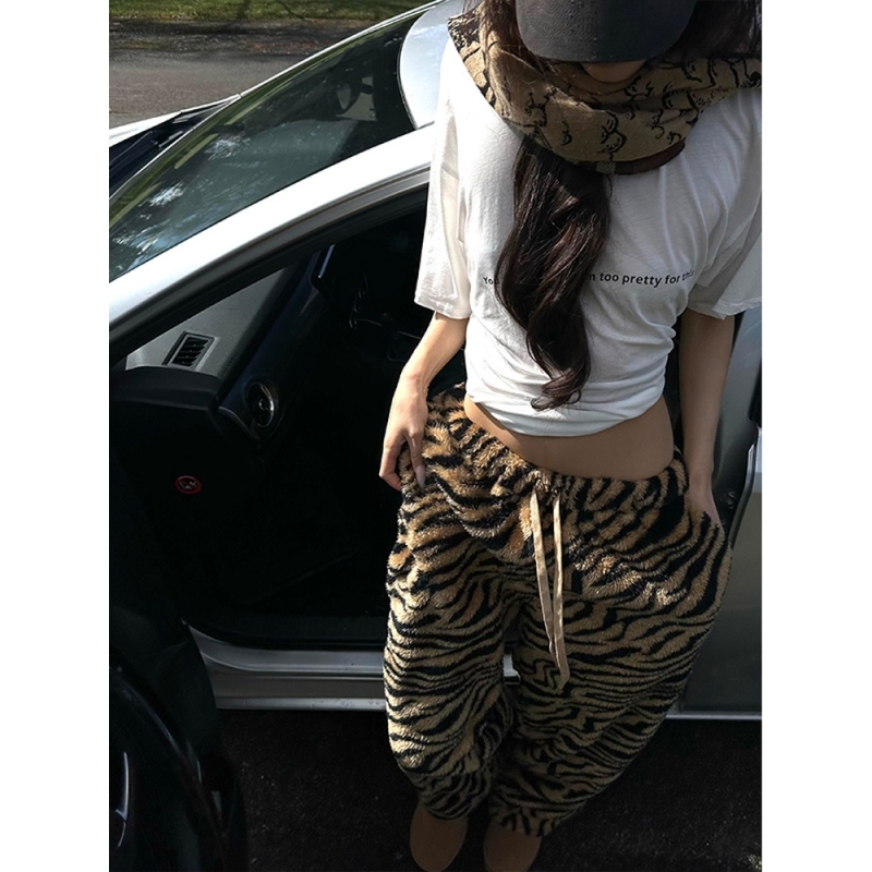 美式复古风虎纹法兰绒阔腿睡裤女