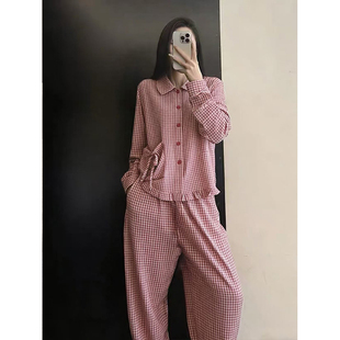 休闲大码慵懒感格纹开衫睡衣女2026春季新款长袖长裤家居服两件套