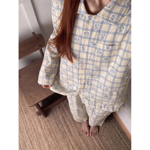 沐染家 韩系卡通格子小狗印花长袖睡衣女秋季宽松舒适家居服套装