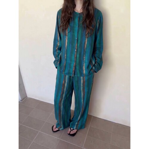 沐染家 女士复古拼色棉绸睡衣女秋季亲肤舒适开衫长裤家居服套装