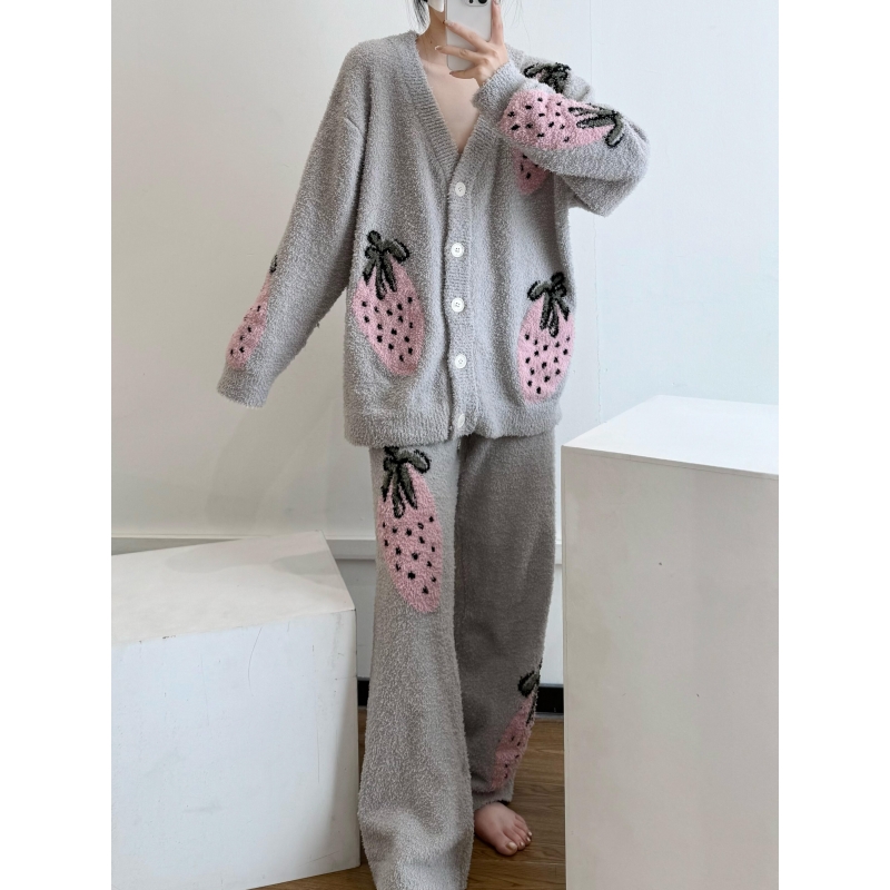 韩版简约慵懒草莓半边绒睡衣冬季女款开衫长裤可外穿家居服两件套