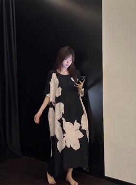 沐染家 优雅气质大花棉绸睡裙女夏季2026年新款女士大码居家裙子