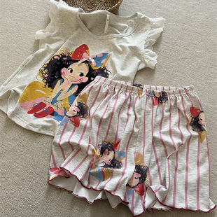 可外穿遛弯 韩系ins少女印花睡衣女士拼接蕾丝花边背心家居服套装