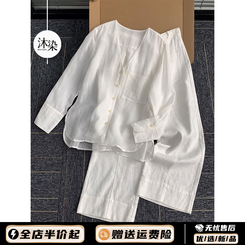 女士简约高级感白色亚麻睡衣女春