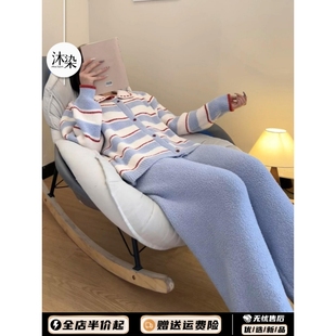 冬天简约慵懒条纹Polo领半百绒睡衣冬季女新款宽松慵懒家居服套装