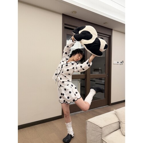 韩系简约波点印花长袖睡衣女夏款