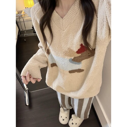 沐染家 腊肠狗印花毛绒针织睡衣女秋季加厚保暖可外穿家居服套装