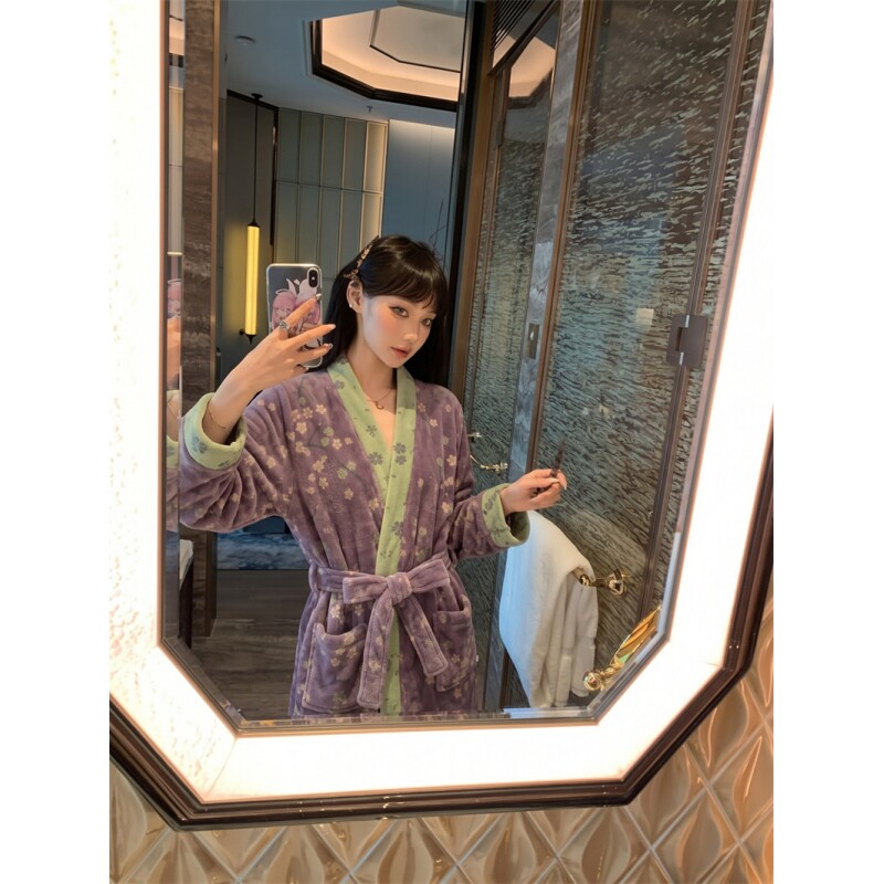 沐染家 女士香芋紫花卉珊瑚绒睡袍女冬季加厚保暖居家中长款浴袍