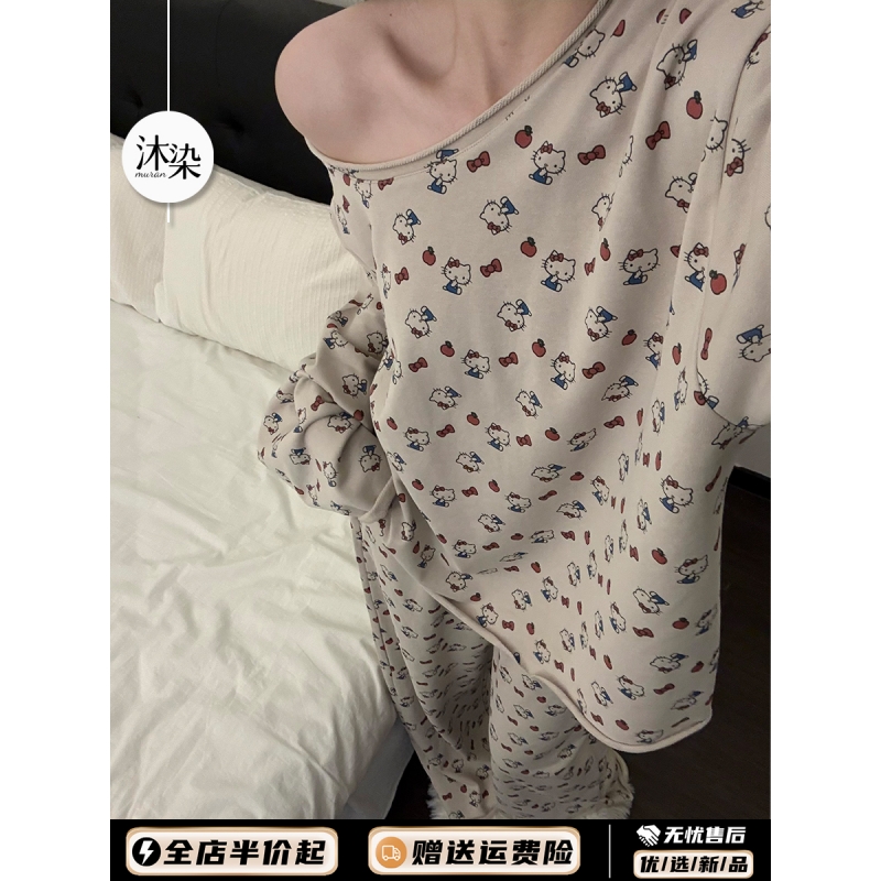 少女可爱hellokitty露肩长袖睡衣秋季女款2025新款慵懒家居服套装