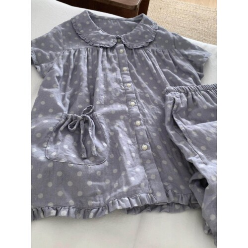 沐染家 韩系简约波点印花睡衣女夏款新款开衫短裤家居服大码套装