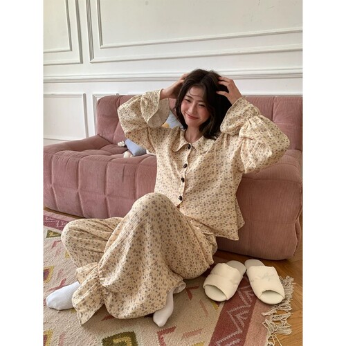 法式复古甜美碎花娃娃领睡衣女秋