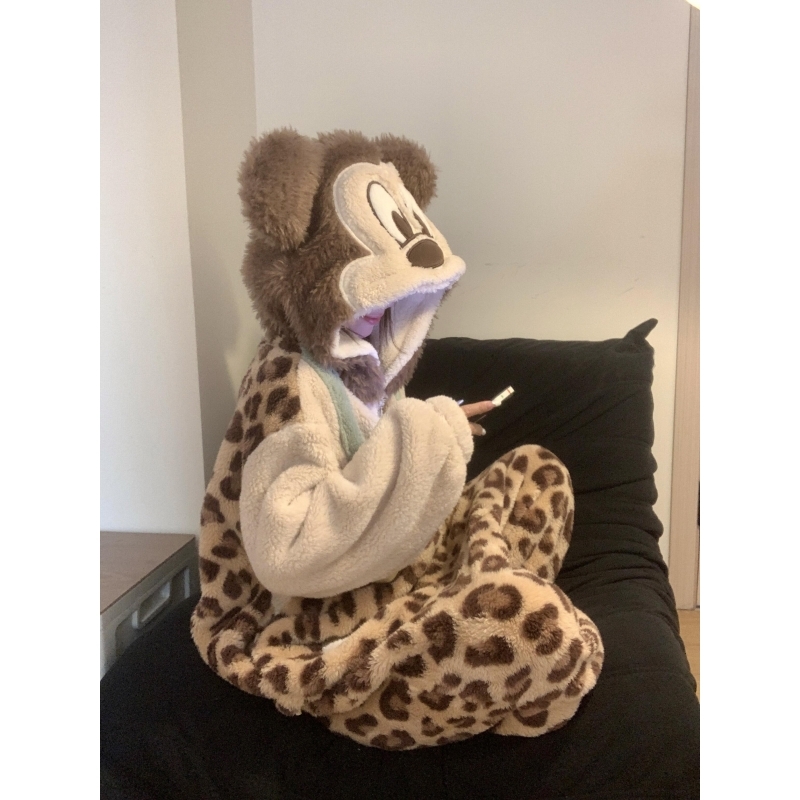 可爱米奇豹纹连体珊瑚绒睡衣冬季