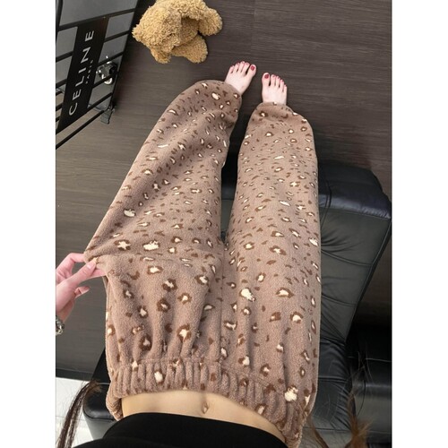 沐染家 女士轻奢豹纹印花珊瑚绒睡裤女冬季加厚保暖居家裤可外穿