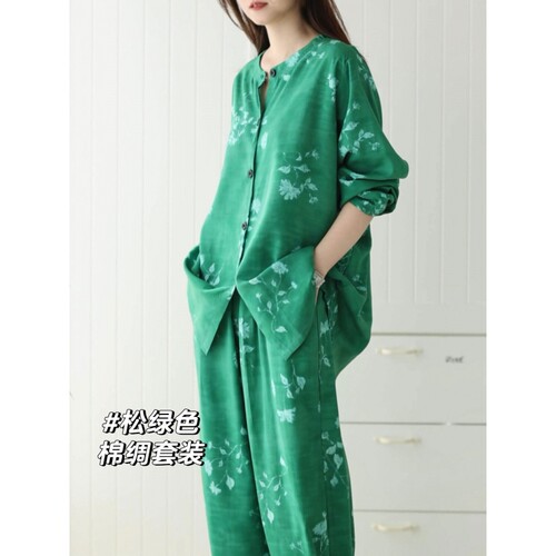 高级感绿色碎花绵绸睡衣女夏宽松