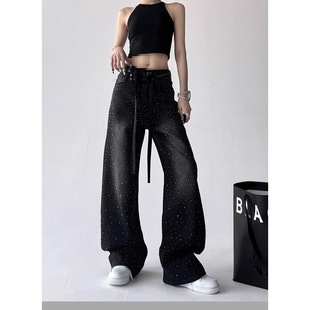 亮闪闪满天星河烫钻牛仔裤女士重工爆闪水钻阔腿裤显瘦亮钻拖地裤
