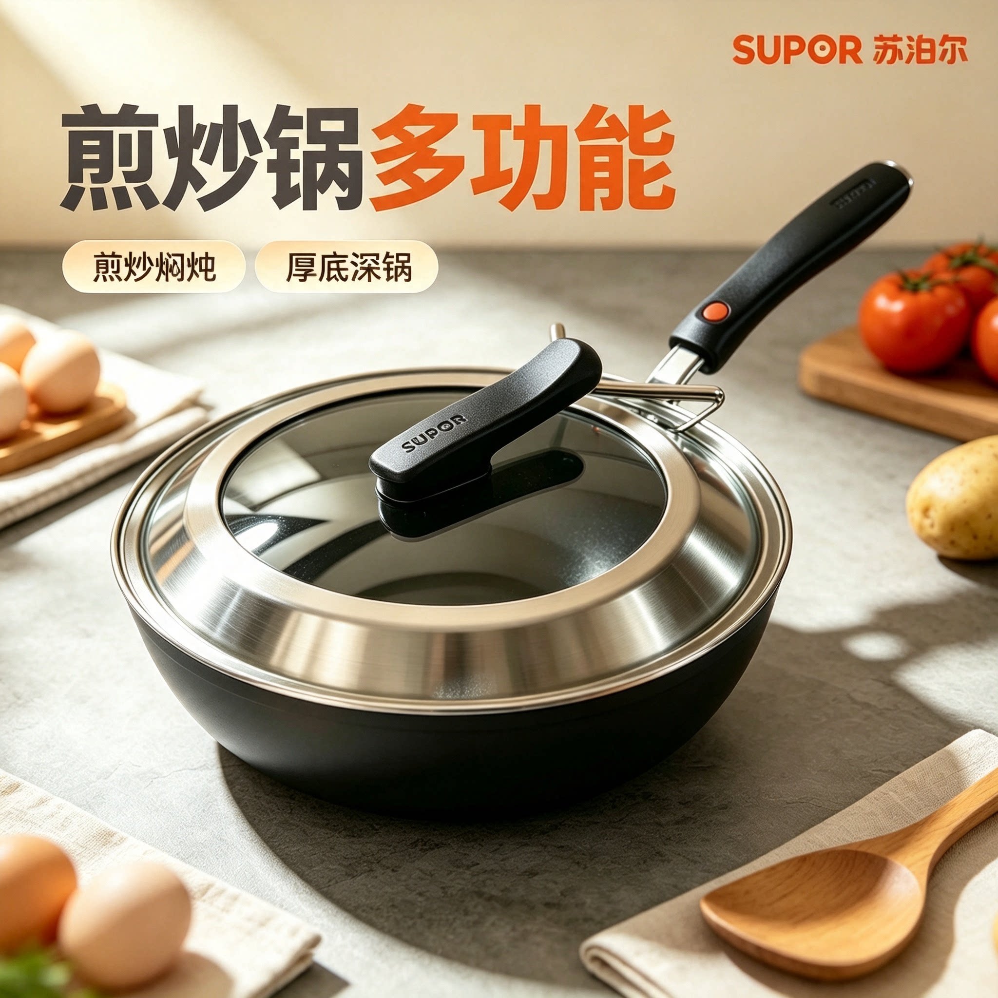 苏泊尔轻量不粘煎锅平底加深煎炒锅多功能家用燃气电磁通用微瑕疵