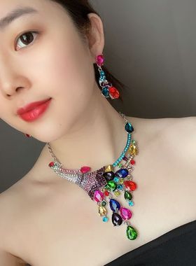 欧美奢华彩色宝石水晶女锁骨项链