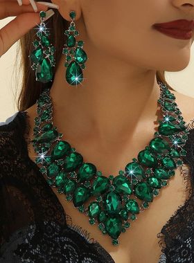 首饰欧美夸张大气绿色水晶项链耳环套装 新娘结婚合金饰品女配饰