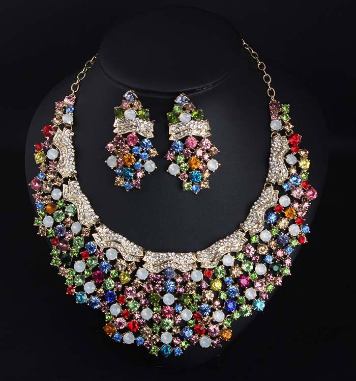 首饰欧美奢华蓝彩钻手工宝石项链耳环套装礼服晚宴新娘女配饰品