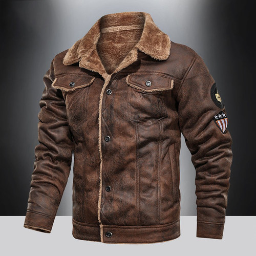 加绒皮衣男冬翻领夹克男加厚棉衣