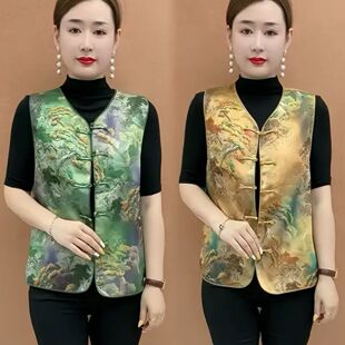 妈妈无袖 中式 新款 复古印花坎肩背心盘扣女装 上衣 国风气质马甲时尚