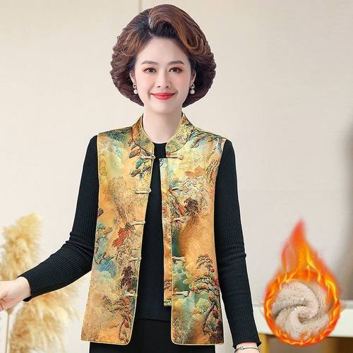 中式国风气质马甲时尚复古印花坎肩背心盘扣女装妈妈新款无袖上衣