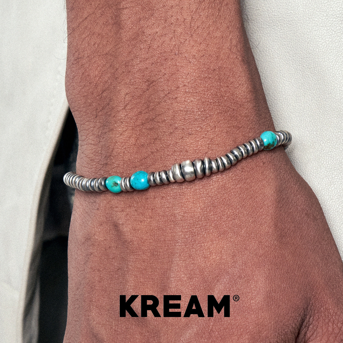 KREAM 925纯银做旧银珠绿松石手链男欧美潮流女手串简约百搭高级