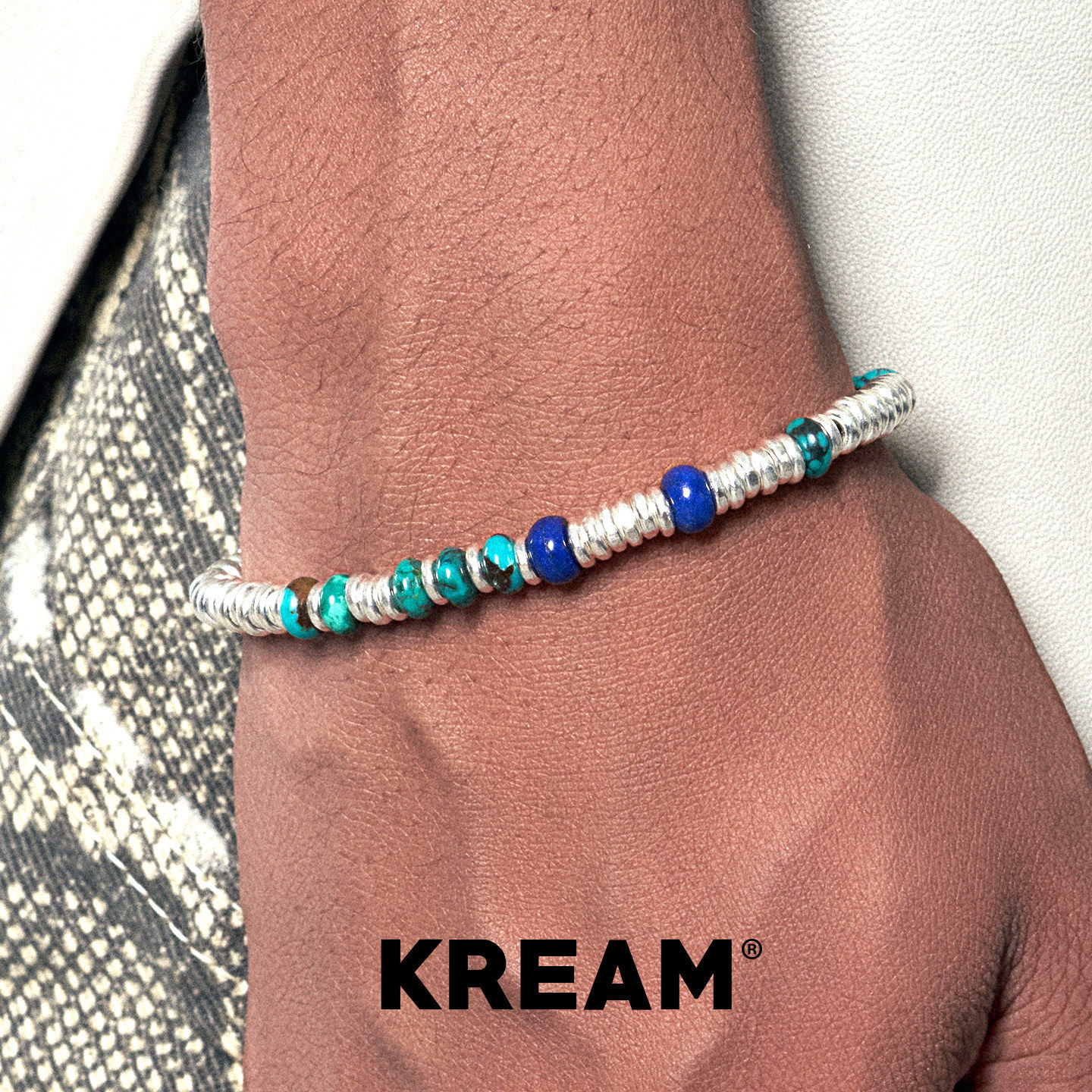 KREAM 925银 OT扣银珠绿松虎眼石串珠手链男嘻哈女欧美潮流